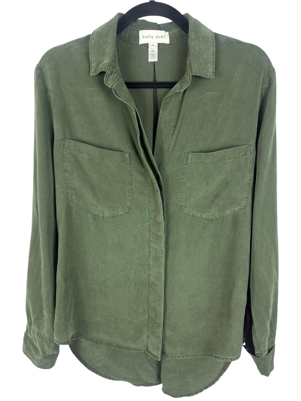 Bella Dahl Olive Green Tencel Split Back Button Down Roll-Up Sleeves Shirt XS